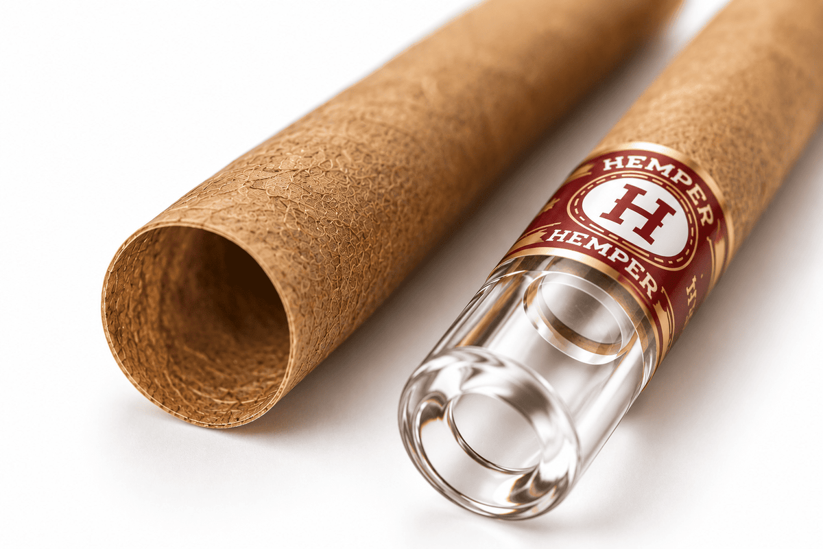 Gros plan sur le papier en chanvre des Hemper Hemp Rolls Sweet King Size et leur embout en verre.