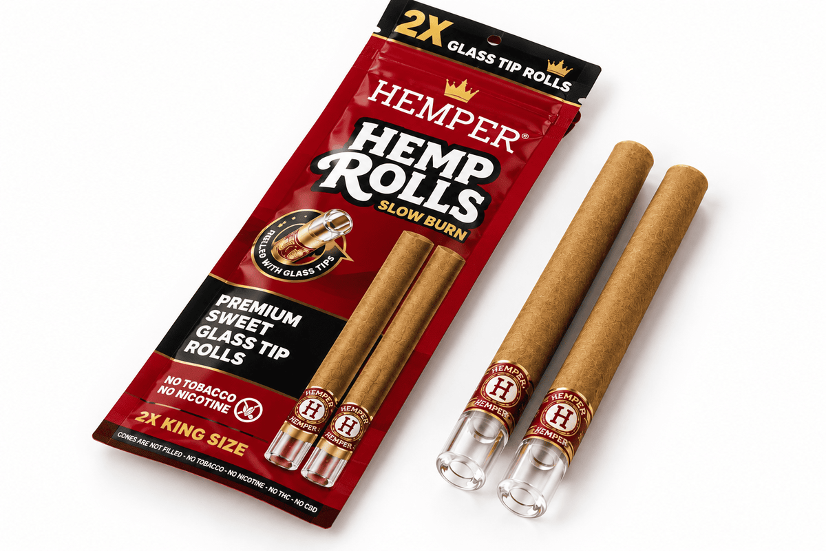 Hemper Hemp Rolls Sweet King Size avec 2 rolls en chanvre et embouts en verre, présentés avec leur packaging