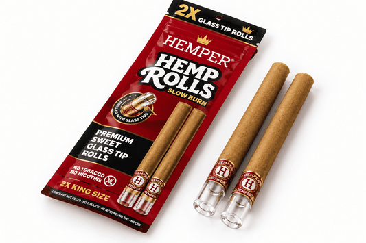 Hemper Hemp Rolls Sweet King Size avec 2 rolls en chanvre et embouts en verre, présentés avec leur packaging