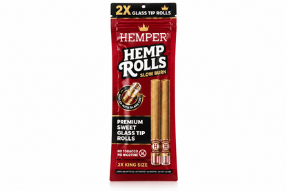 Découvrez les Hemper Hemp Rolls Sweet King Size : 2 rolls en chanvre avec embouts en verre, sans tabac ni nicotine, dans leur packaging original