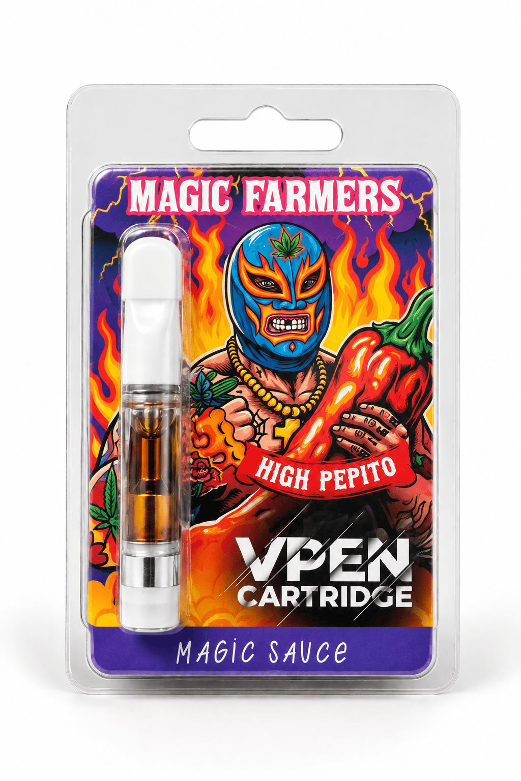 Recharge Magic Farmers VPEN Cartridge High Pepito de la gamme Magic Sauce, présentée dans son blister illustré sur fond blanc.