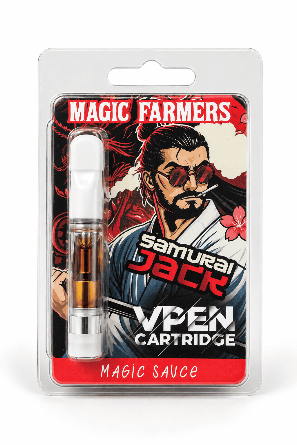 Recharge Magic Farmers VPEN Cartridge Samurai Jack de la gamme Magic Sauce, présentée dans son packaging illustré sur fond blanc.