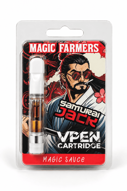 Recharge Magic Farmers VPEN Cartridge Samurai Jack de la gamme Magic Sauce, présentée dans son packaging illustré sur fond blanc.