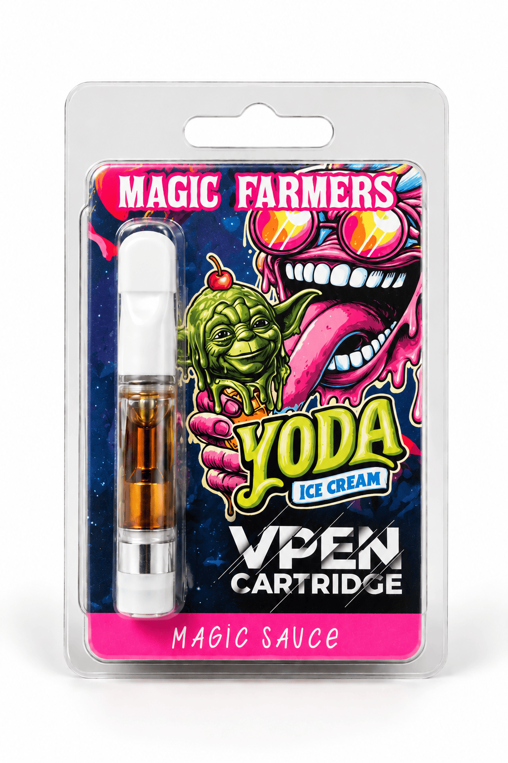Recharge Magic Farmers VPEN Cartridge Yoda Ice Cream de la gamme Magic Sauce, présentée dans son blister illustré sur fond blanc