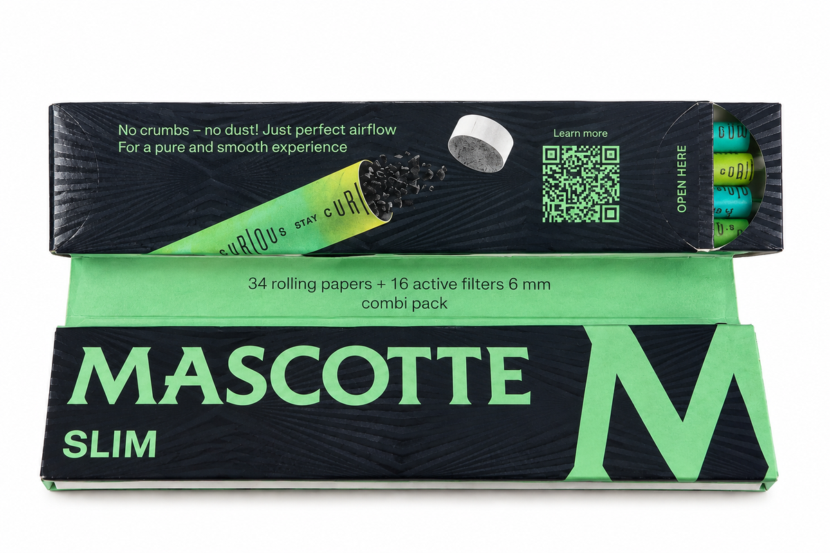 Vue intérieure du Mascotte Slim Combi avec ses feuilles à rouler et son système intégré pour filtres actifs.