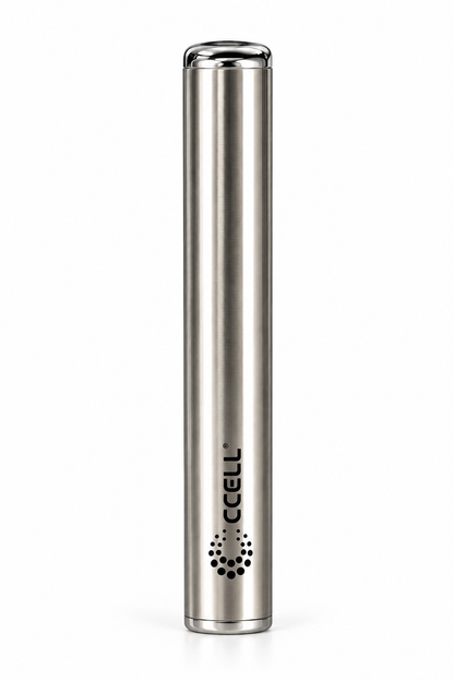 Batterie PRT.LAB Vape-Pen Battery CCELL argentée présentée seule sur fond blanc, avec finition métallique et logo CCELL.