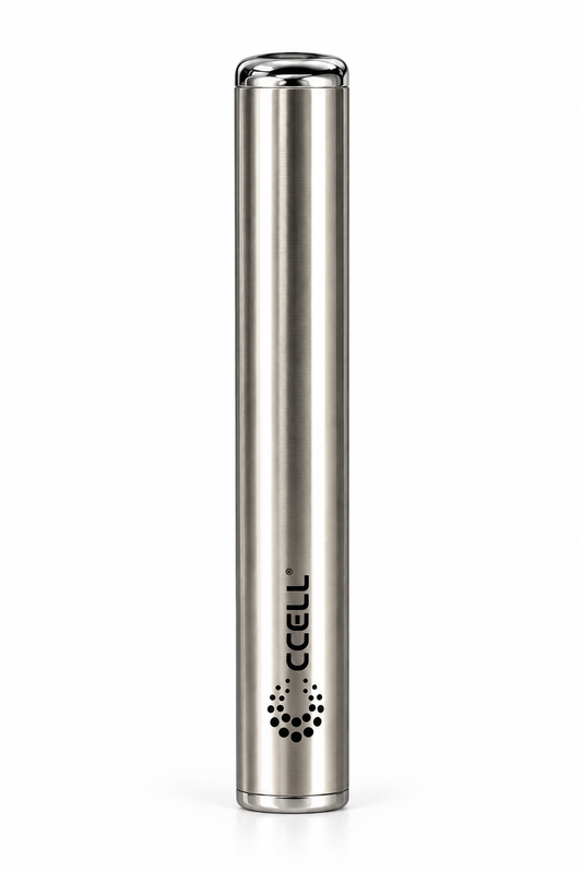 Batterie PRT.LAB Vape-Pen Battery CCELL argentée présentée seule sur fond blanc, avec finition métallique et logo CCELL.