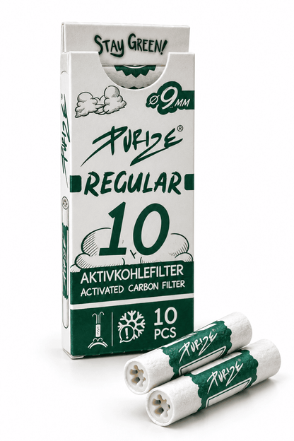 PURIZE Regular 9 mm : boîte de 10 filtres à charbon actif présentée avec les filtres et leurs embouts en céramique