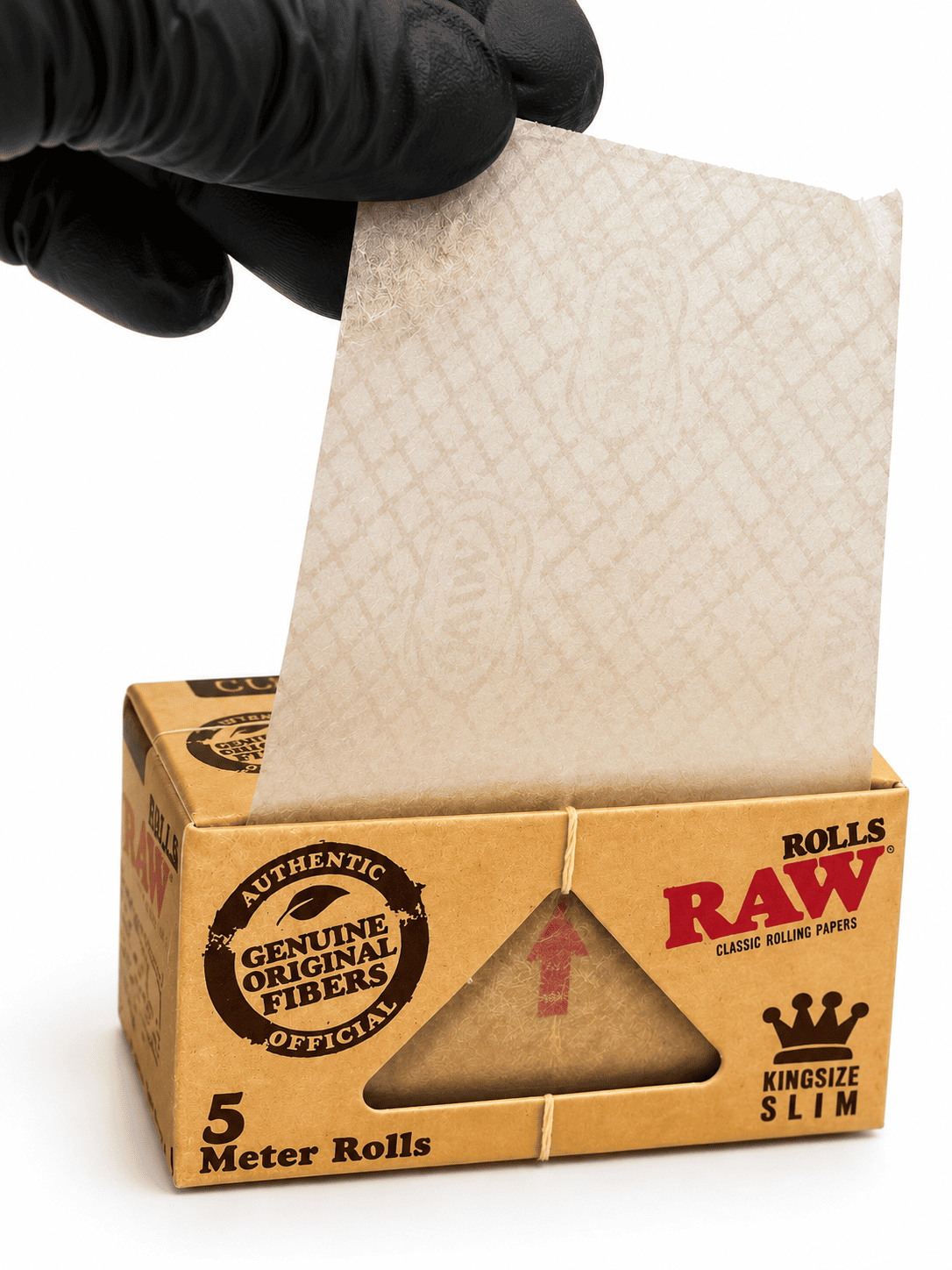Rouleau RAW Classic 5 mètres déroulé montrant le papier fin et son filigran