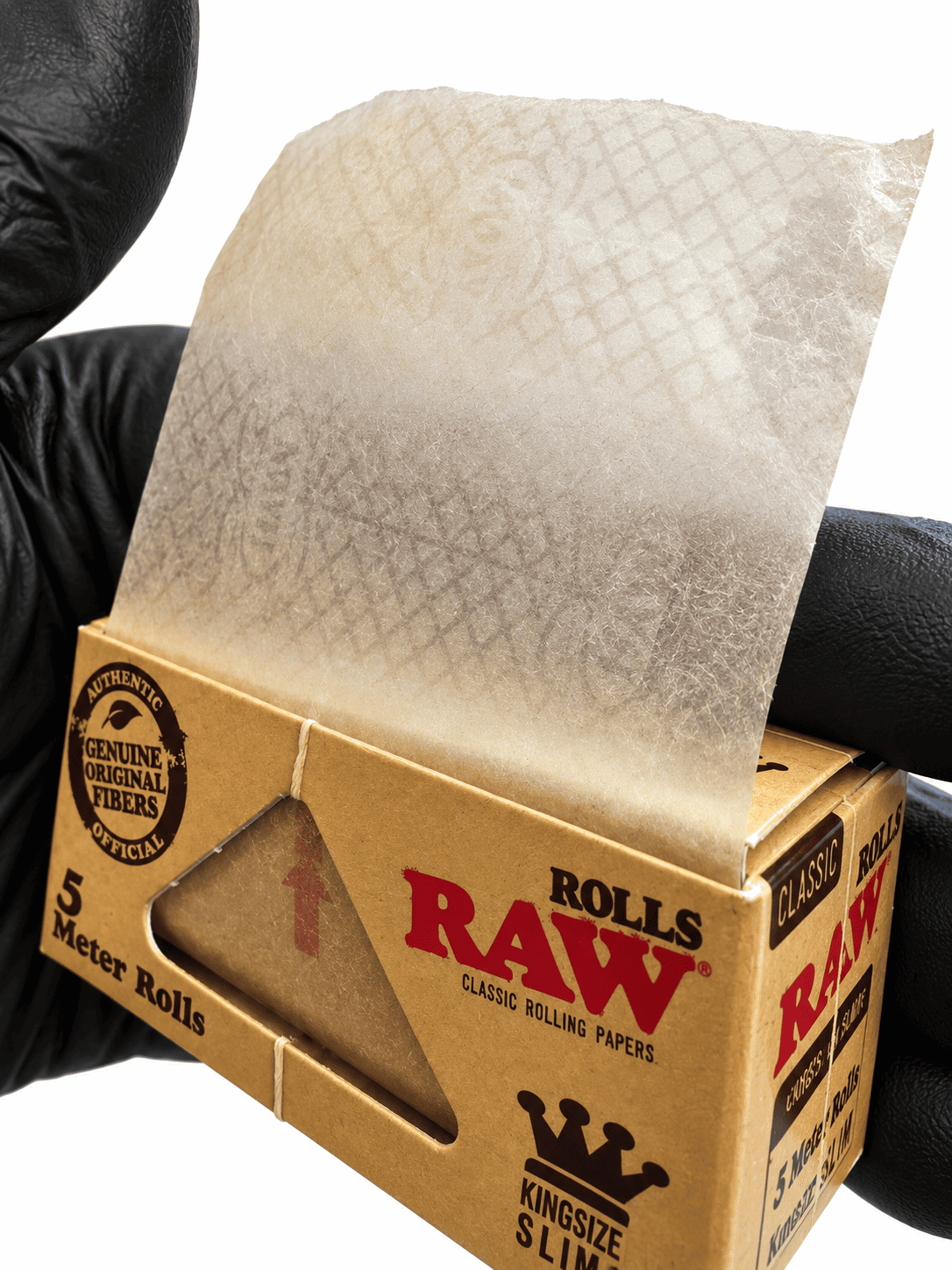 Gros plan du papier RAW Classic Roll 5 mètres montrant le filigrane et la texture du papier