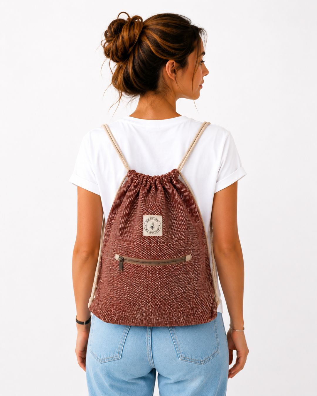 Sac à dos en chanvre rouge et blanc – Poche zippée
