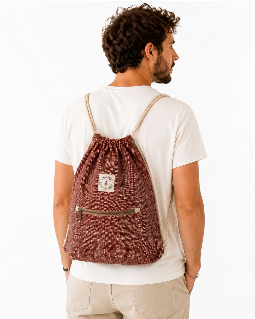 Sac à dos en chanvre rouge et blanc – Poche zippée